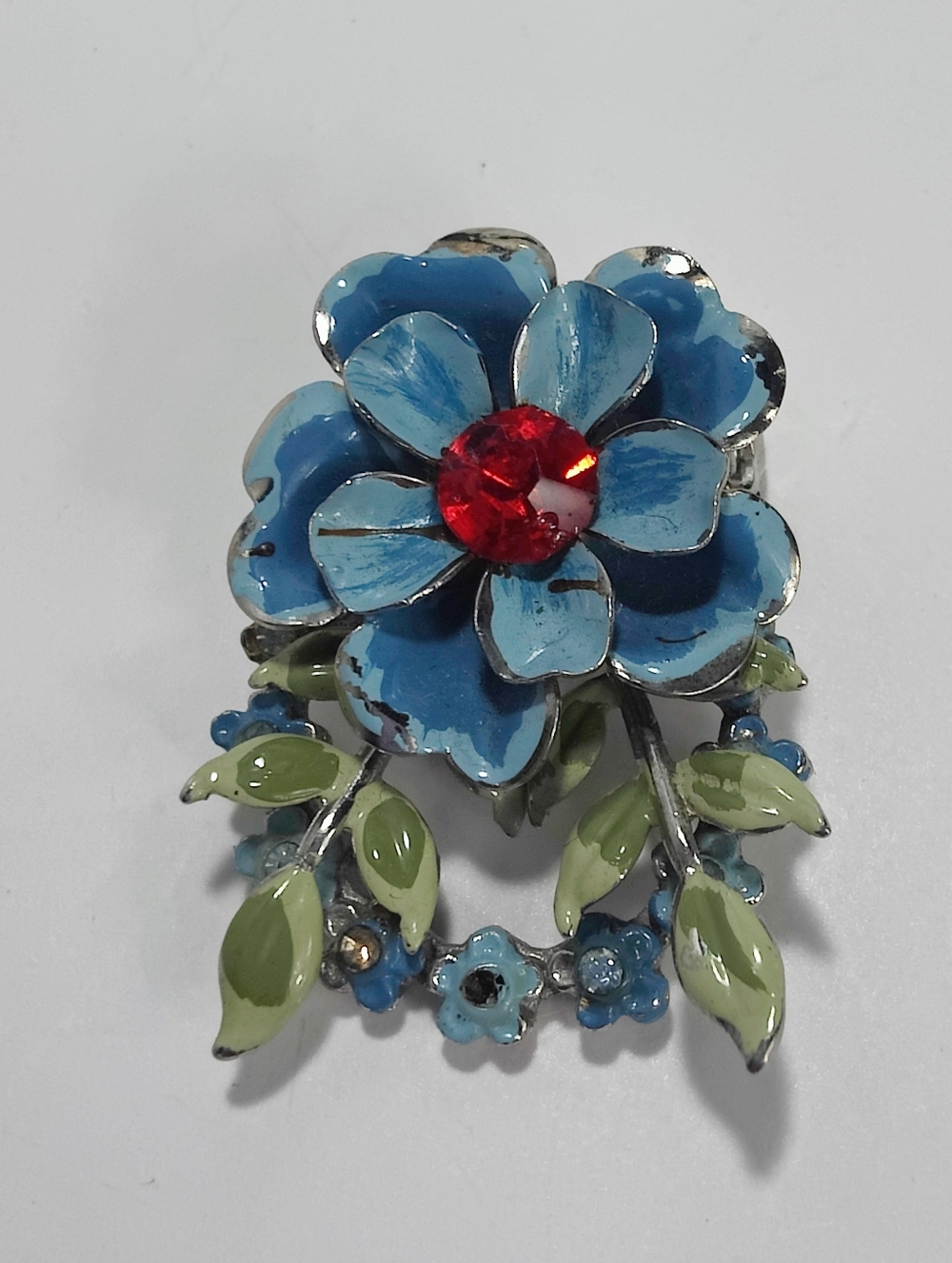 Vintage Coro Blue Enamel Flower Brooch Pin Red Rhinestone Floral Signed Coro